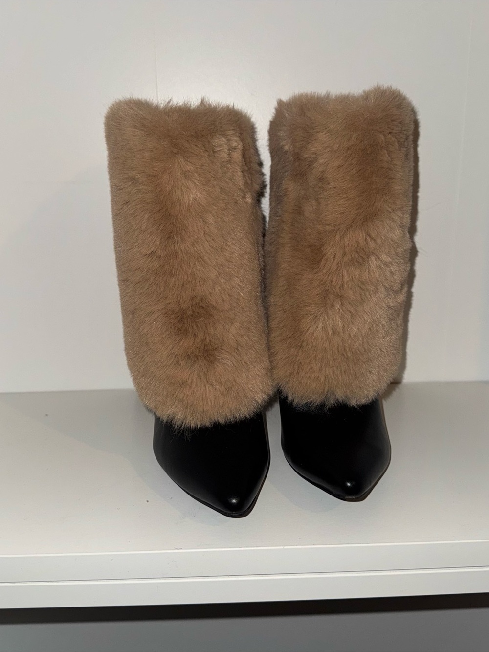 Faux Fur Trim Black Leather Stiletto Ankle Boots - Tan Fur